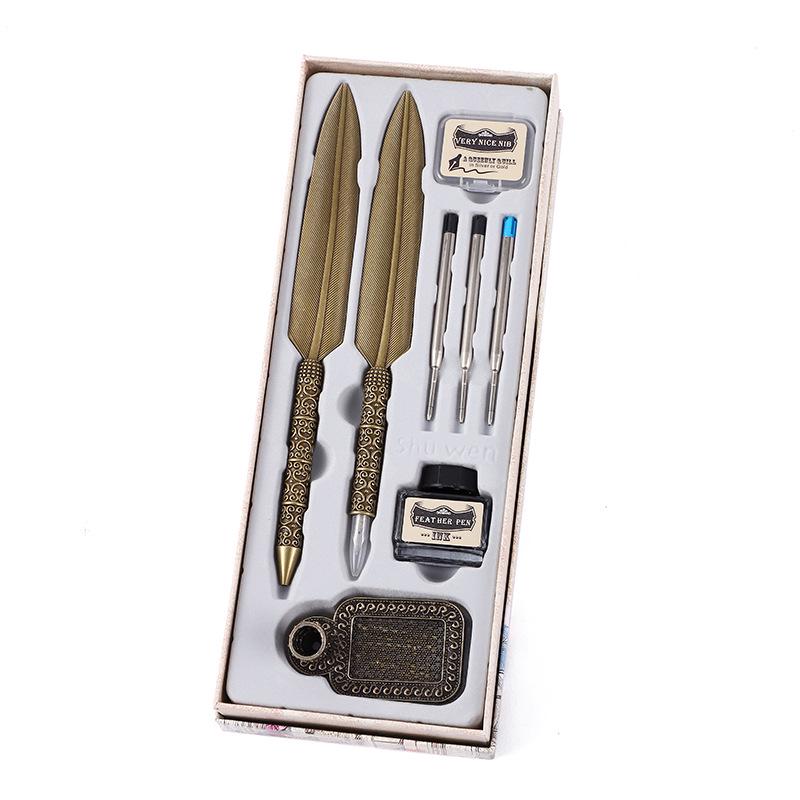 Vintage Gold Feather Fountain Pen Set - British Style Creative Christmas Gift