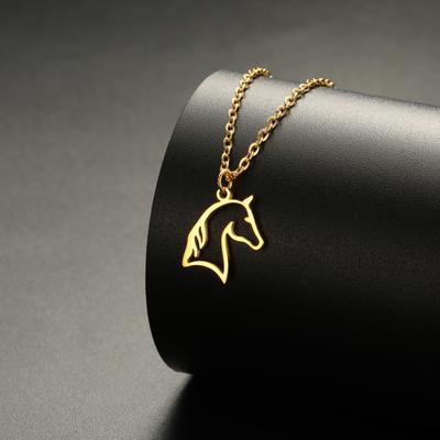 Hollow Out Horse Head Pendant Necklace Stainless Steel Hollow Geometric Animal Equestrian Necklace Hip-hop Punk Style Jewelry