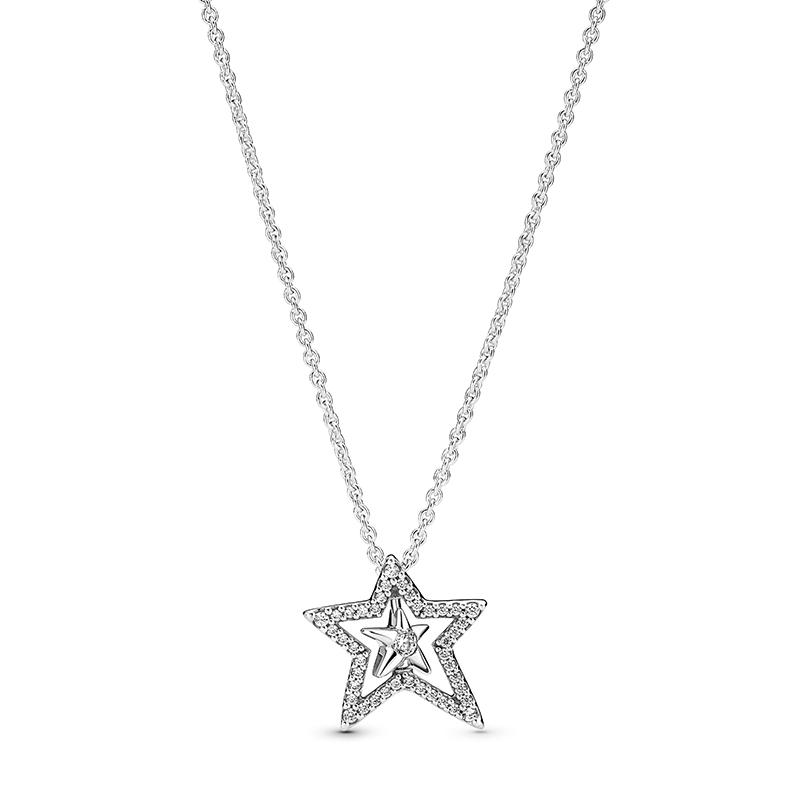 Pandora Pavé pavé asymmetric star clavicle chain 925 silver necklace for women 390020C01