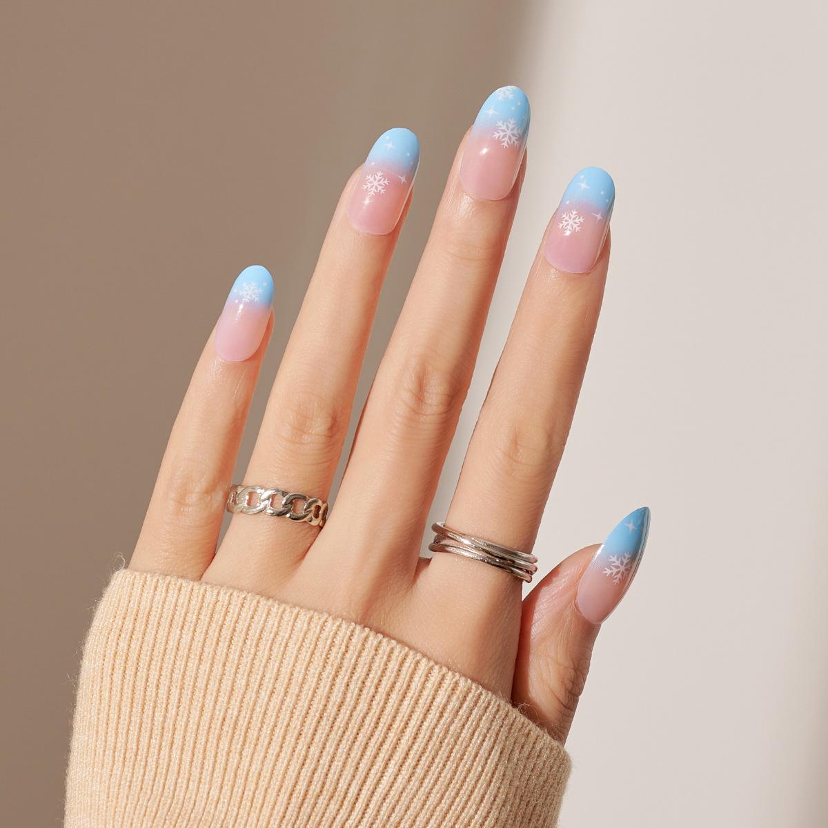 

Blue and Pink Gradient Snowflake Pattern French Nail Tips