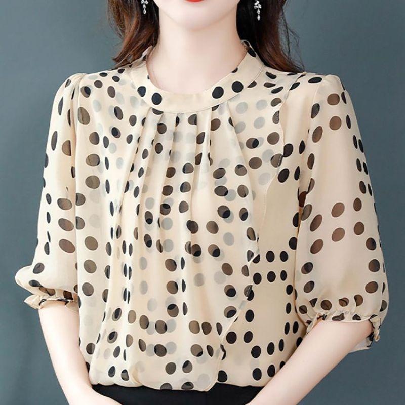 

Летняя элегантная и минималистичная повседневная мода, рубашка с круглым вырезом, в горошек, свободного кроя оверсайз, универсальная, с рукавами средней длины для женщин XXXL абрикосовый