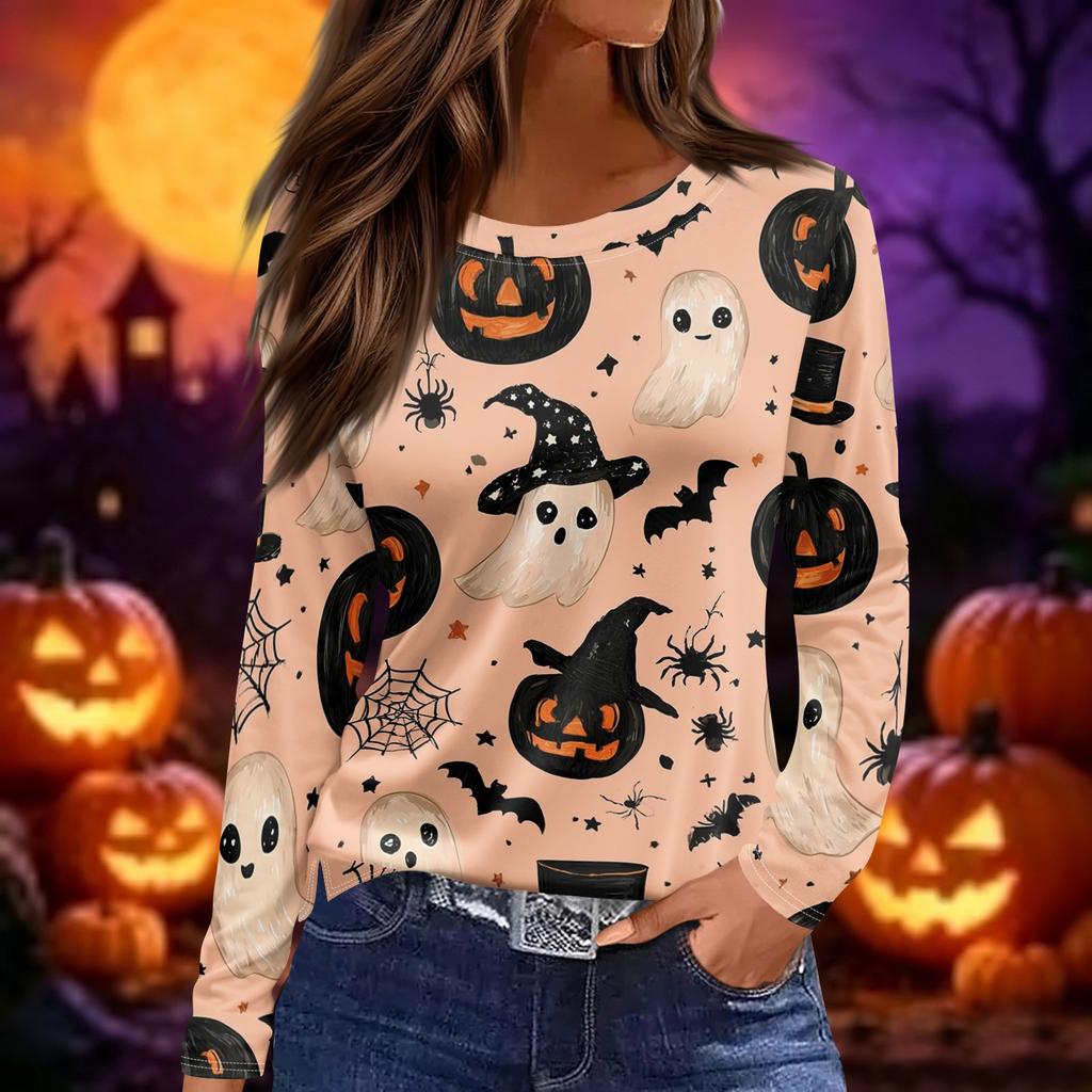 Women's Halloween Print Long Sleeve Pullover Top Round Neck Split Hem Casual Loose Fit Lightweight Sweatshirt
