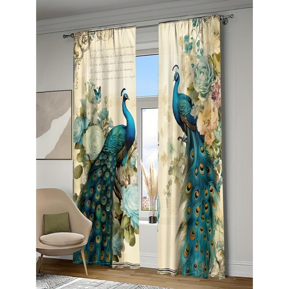 2pcs- Noble Luxury Peacock Polyester Curtains, Pole Bag Curtains 42*84, Bedroom, Living Room, Home Room Decoration