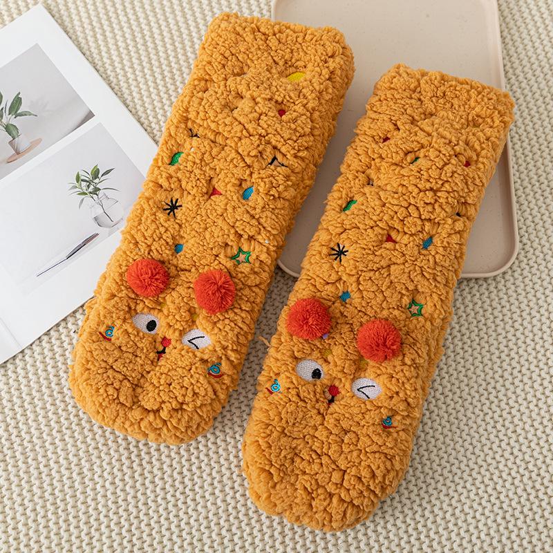 1 Pair Women'S Cute Cartoon Pom Pom Plush Socks, Ultra-Soft Lamb Thick Warm Home Socks, Winter Comfortable Non-Slip Floor Sleeping Socks