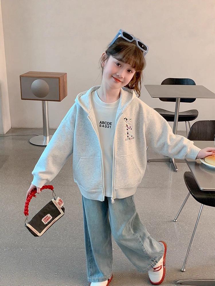 2025 Spring/Autumn Girls' Cartoon Print Hooded Coat - Stylish Korean Design for Medium & Large Kids
