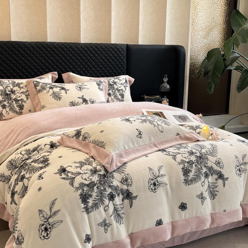 Thickened Milk Fleece Light Luxury Wide-Edge French Printing Four-Piece Double-Sided Fleece Flannel Fleece Bedding
