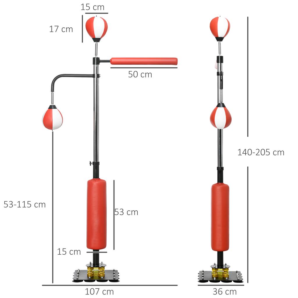 Boxing Stand, Two Speed Balls, Rotating Boxing Bar, Kick Pads, Height-Adjustable, Steel, 107 x 36 x 140-205cm