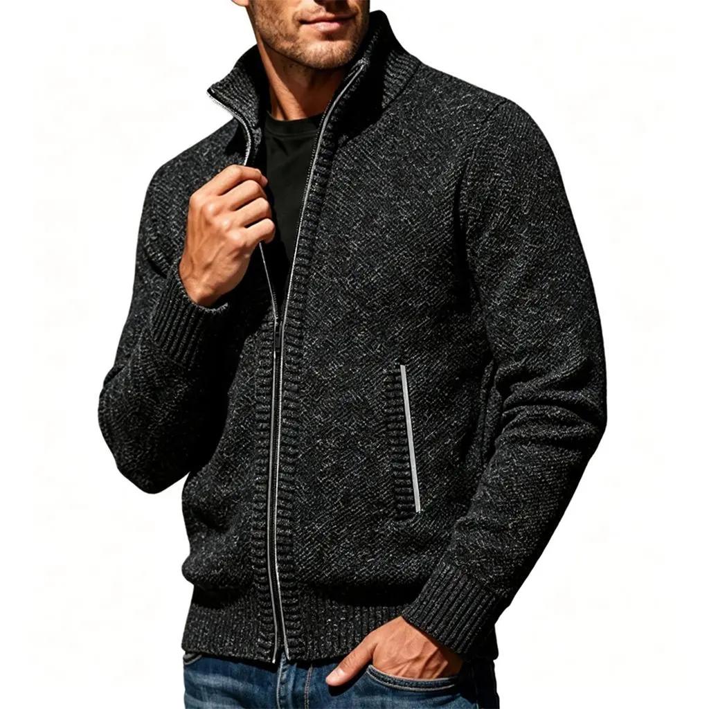 Men's Lined Long Sleeve Zip Up Sweater Cardigan with Stand Collar and Color Block Design