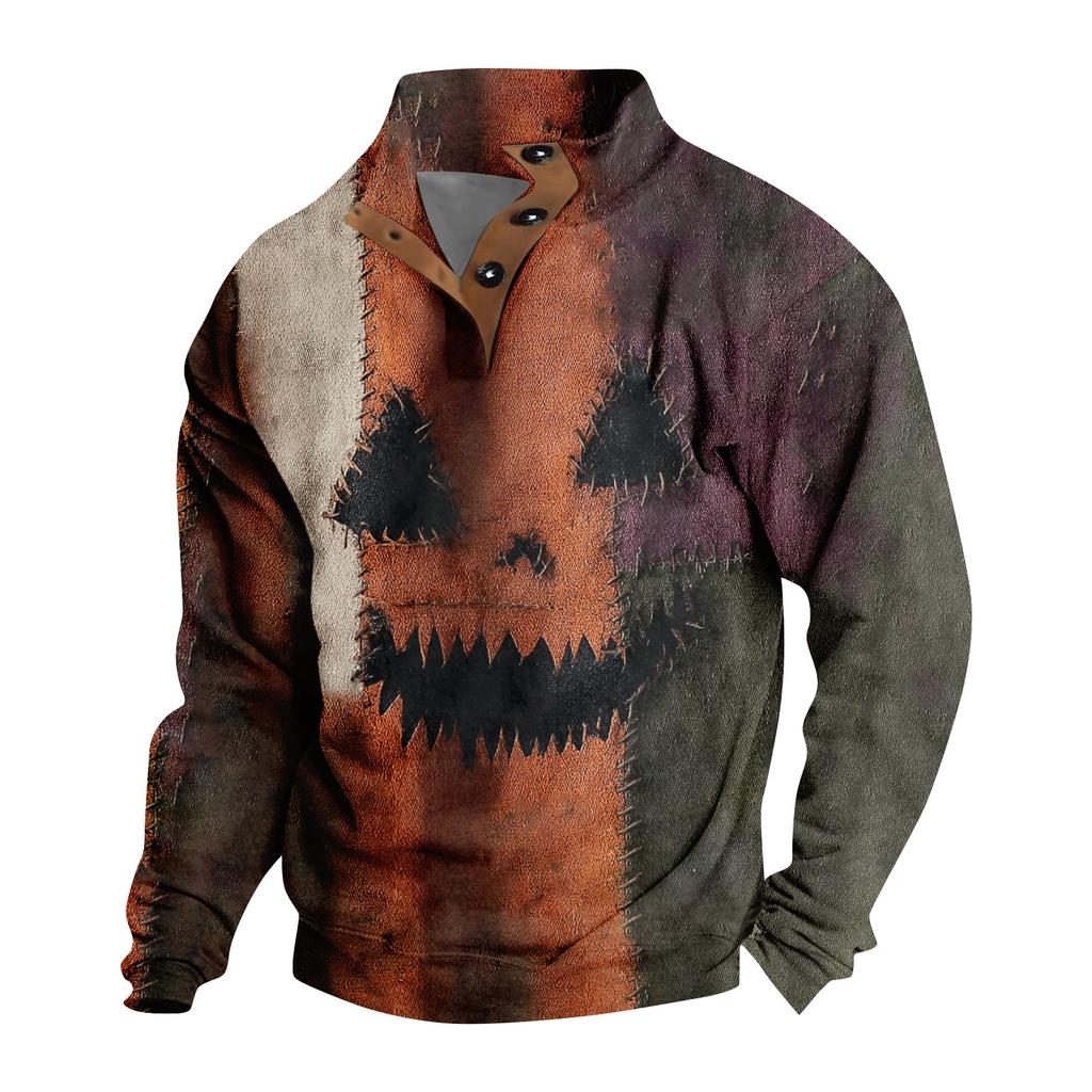 Men's Casual Fashion Christmas Printed Hoodless Sweatshirt Wide Men's Loose Button Stand Collar Hooded Sweatshirt