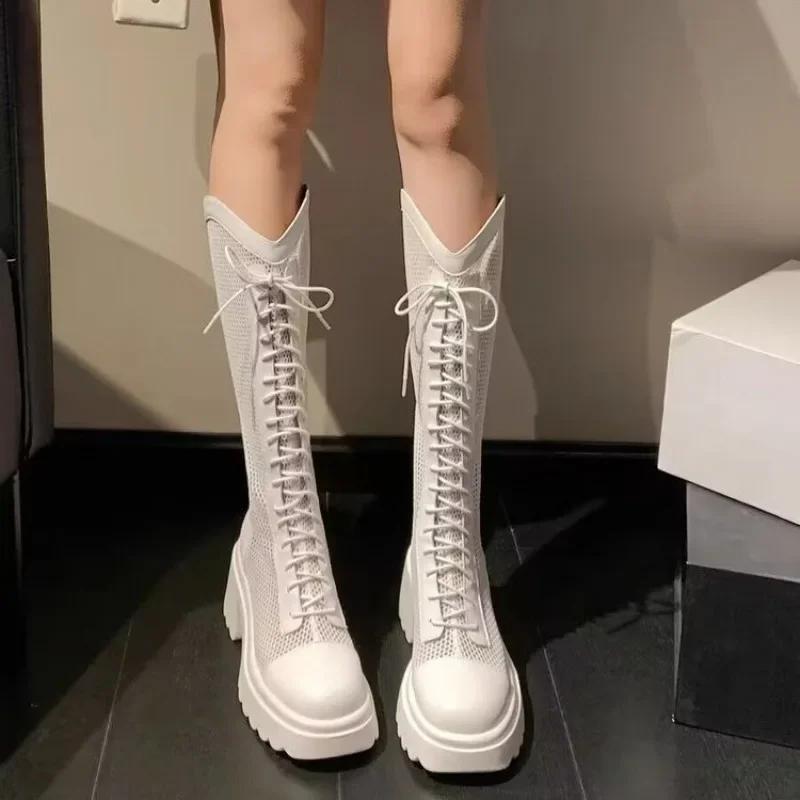 2025 Women's Shoes Mesh Knee-High Women's Boots Autumn Back Zip Modern Boots Round Toe Solid Shoes Ladies Retro Women's Sandals