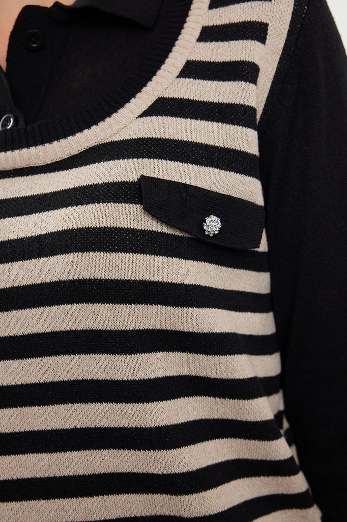 Women's Fashion Stylish Sweater Black Striped Polo Neck Woven Garnilli Knitwear Sweater