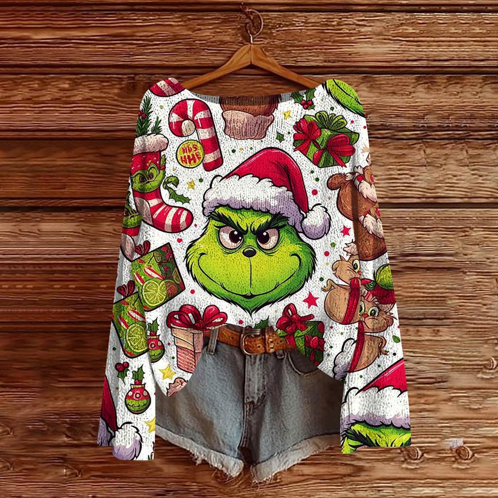 Women's Fashion Christmas Print Lightweight Sweater Casual Long-Sleeve Knit Pullover Top