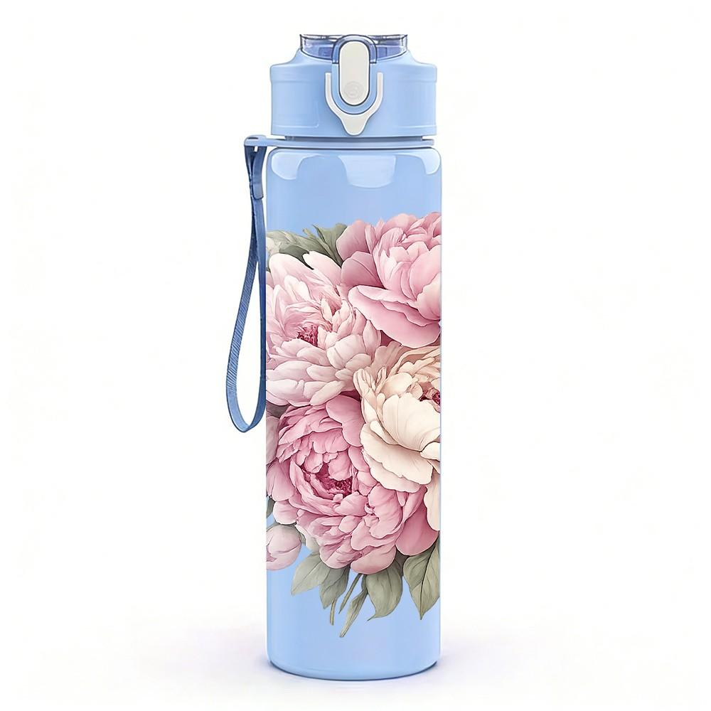 1PC Light Pink Peony Flower Print 750ml Color Plastic Sports Water Bottle Leakproof Flip Straw Lid Suitable for Sports Office Home Use