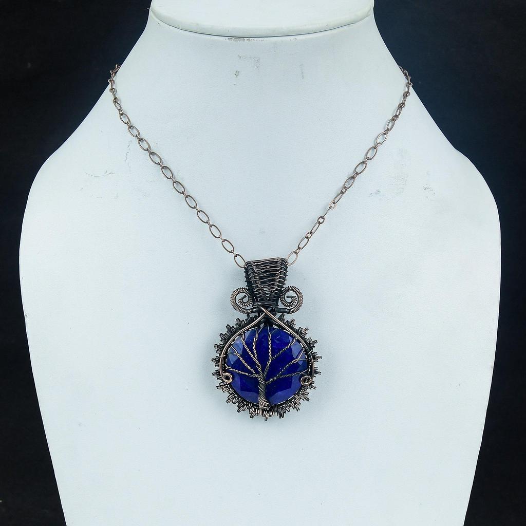 Blue Sapphire Pendant, Handmade Gemstone Pendant, 999 Copper Wire Wrapped  Pendant Antique Jewelry, For Engagement Gift