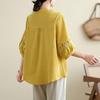 Fat Mama Plus Size Women's Ethnic Cotton Linen Button-Up Shirt - Round Neck, Loose Fit for Spring/Summer, Ideal for Middle-Aged and Elderly.