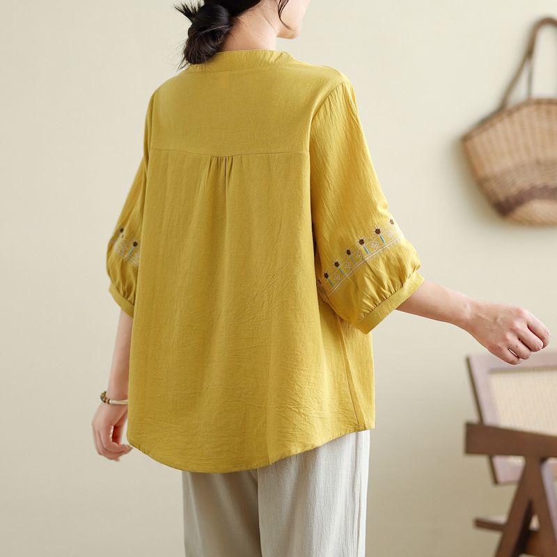 Fat Mama Plus Size Women's Ethnic Cotton Linen Button-Up Shirt - Round Neck, Loose Fit for Spring/Summer, Ideal for Middle-Aged and Elderly.