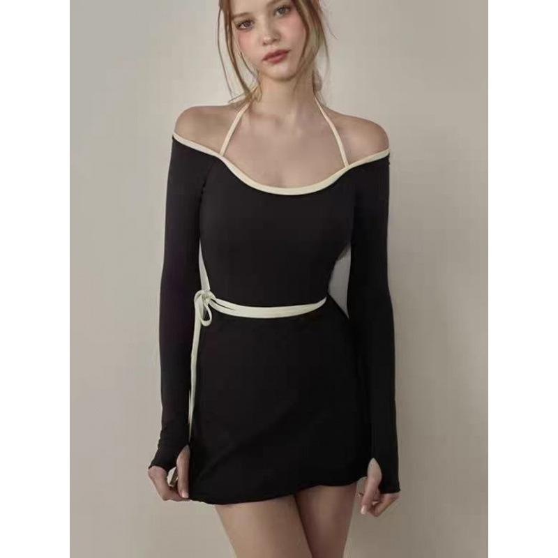 

Hot swimming ins style temperament girl slim and thin long sleeves conservative and simple one-piece small fragrant swimsuit women s swimsuit M