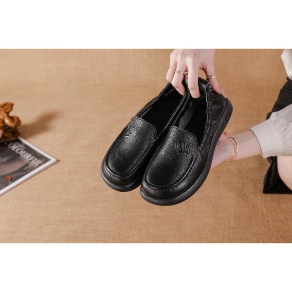 Runde Zehenpartie Echtes Leder Flacher Absatz Lässige Damen Einzelschuhe Einfarbig Mutterschuhe Rutschfest Abriebfest Weiche Sohle Bequem