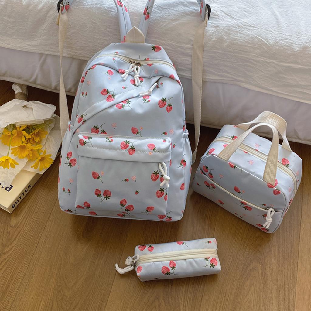 Fashionable Cute Strawberry Backpack Set 3Pcs Handbag&Pen Pouch Quilted Nylon Women's Dual Zipper Campus Commute Essentials