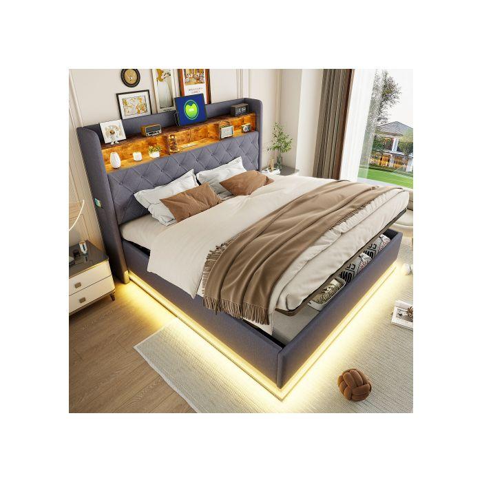 Lit rembourré - MUVOE - 180 x 200 cm - LED multicolores - Prise USB - Rangement hydraulique