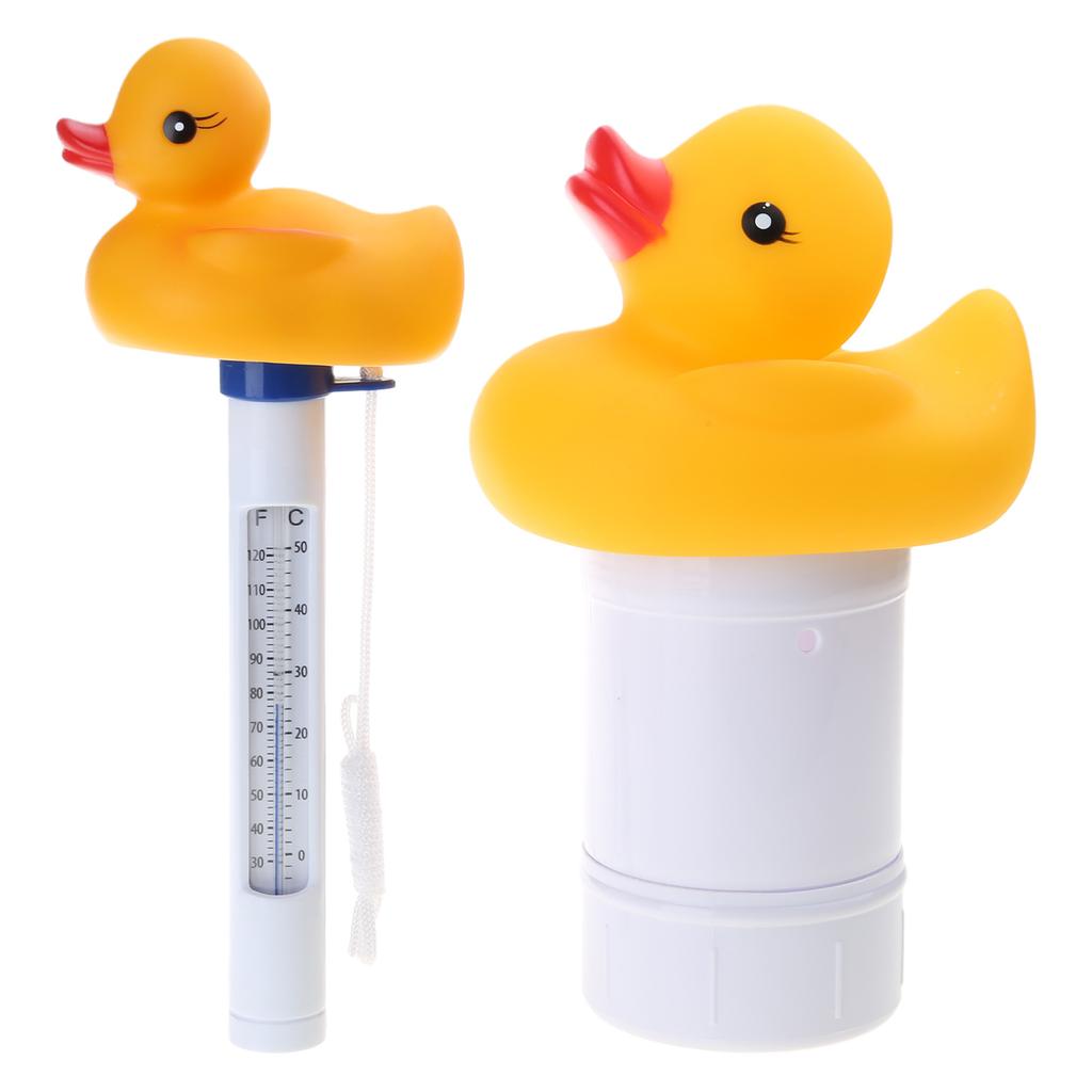 Dispenser Galleggiante Anatra Cartone Animato Termometro Misuratore Pulizia per Piscina Spa Giardino Laghetto Accessori