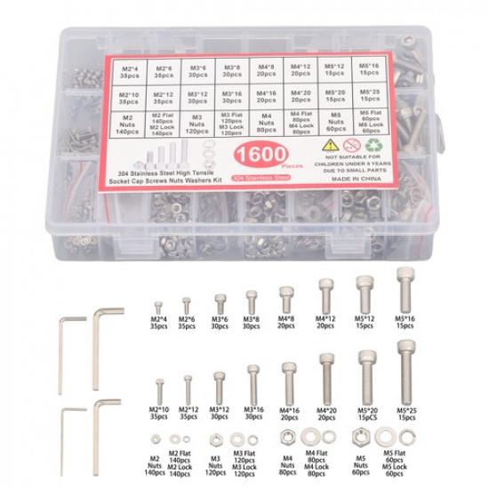 1600 Pcs M2 - M5 Hardware Kit, 304 Stainless Steel Metric Screw Assortment