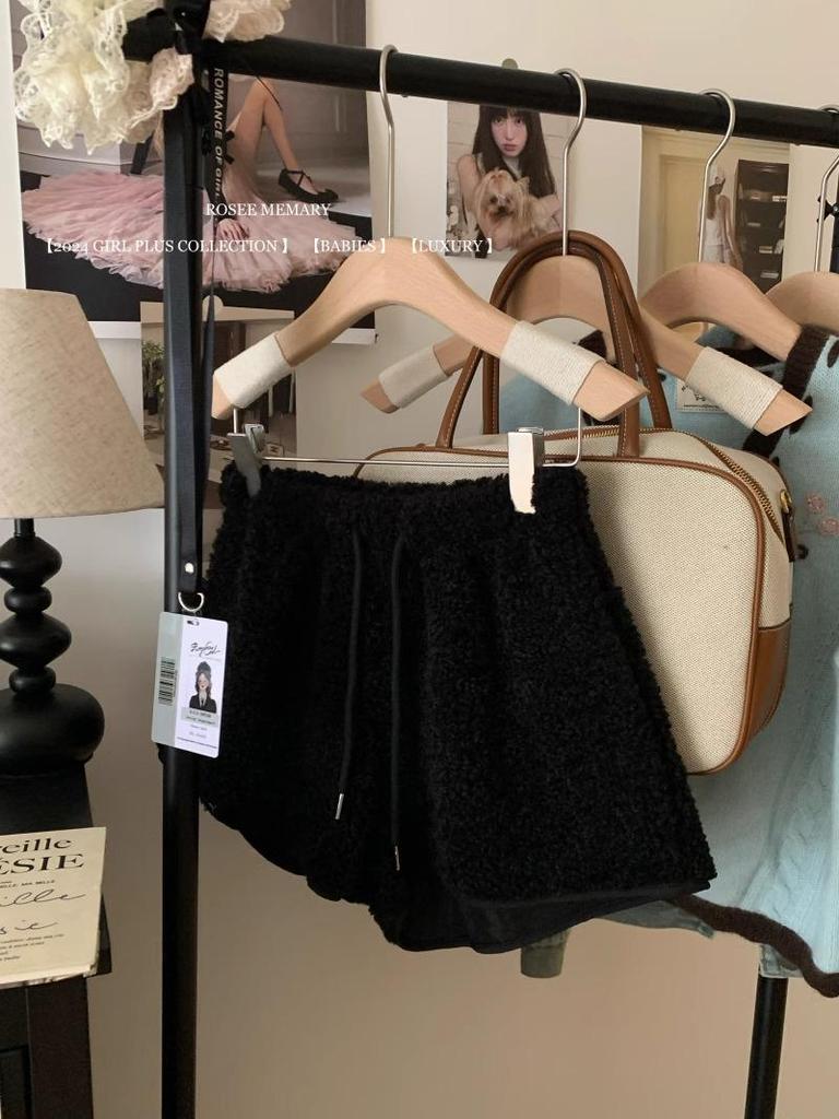 Women's 2024 Lambswool High Waist Drawstring Warm Shorts - Autumn/Winter Casual Loose Fit Hot Pants Outerwear