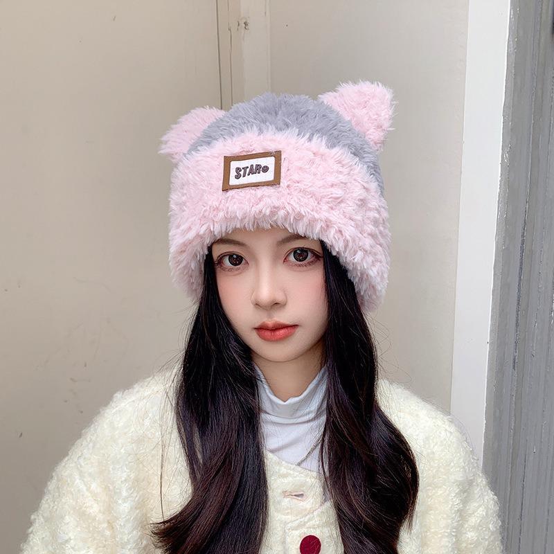 Autumn and winter hats, women's patches, bear plush hats, big head circumference, cute knitted hats, versatile and face-showing small wool hats