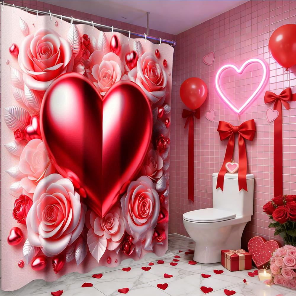 Valentine's Day Love Heart Rose shower curtain, bathroom shower waterproof curtain with 12 hooks, fish shaped home decoration