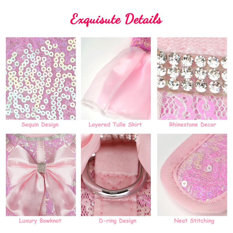 Bowknot Dog Harness Leash Set Shining Cat Puppy Birthday Dresses Pet Wedding Vest Harnesses With Lead For Small Medium Dogs Pink