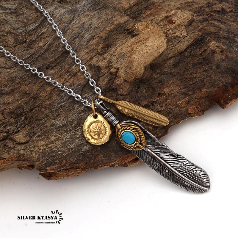 Stainless Steel Triple Feather Necklace for Extra Large Gold Sun Metal Pendant Rope [Silver KYASYA] Men, Silver, Feather, Claws, Turquoise, (Gold