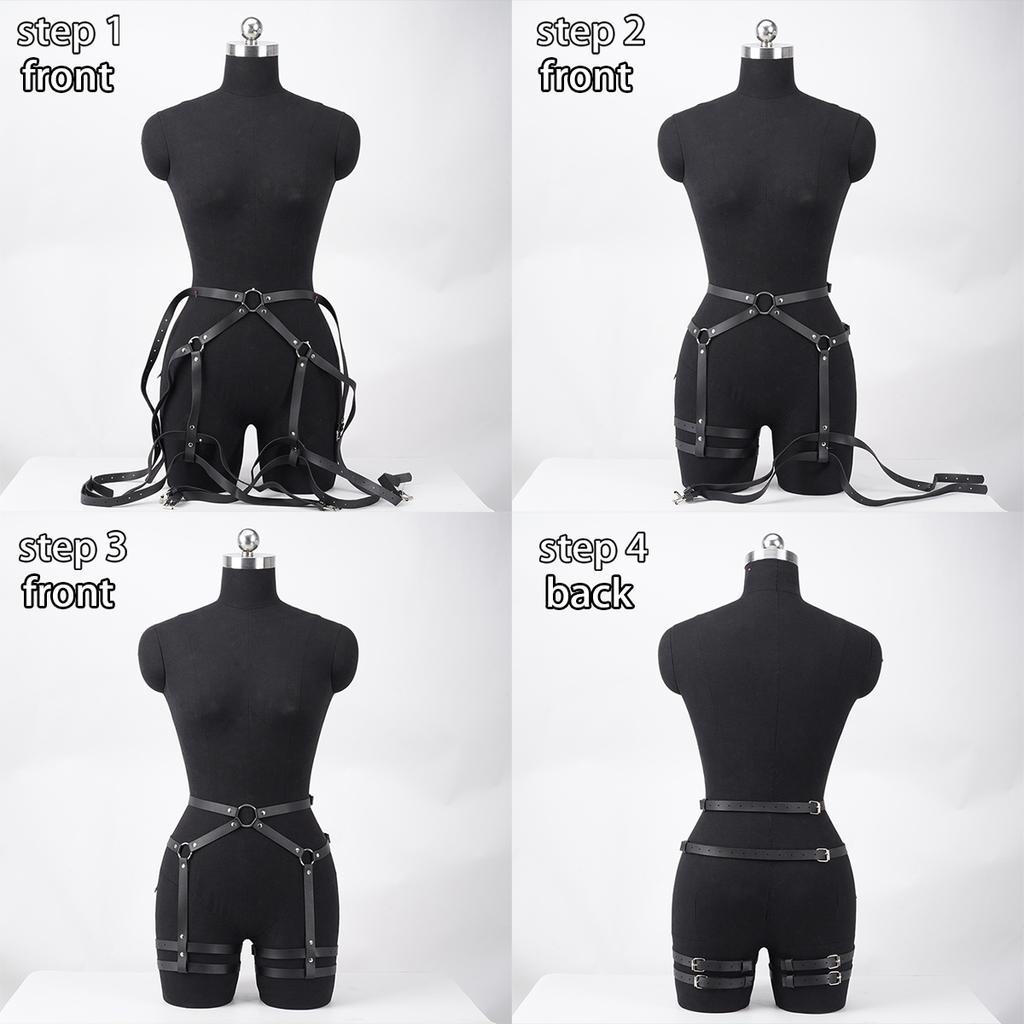Black Leather Full Body Harness with Cuffs - Adjustable Straps Thigh Sexy Black Faux Leather Thigh Plus Size Lingerie for Women