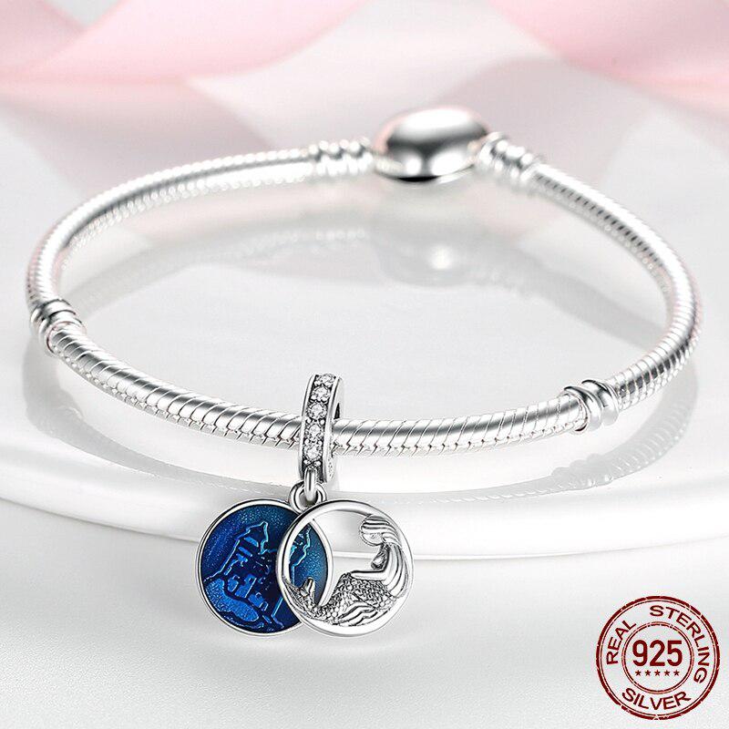 Mermaid Dangle Charm 925 Sterling Silver Blue Enamel Mermaid Tail Starfish Charm Beads Fit Fashion Bracelet Silver Beads Jewelry