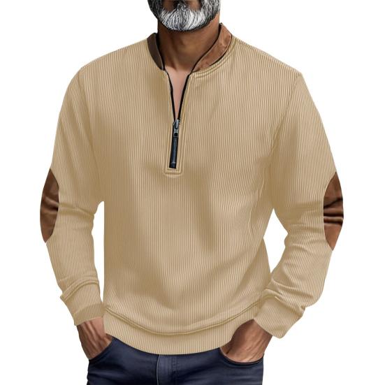 Men Sweatshirt Half Zipper Plaid Stand Collar Elbow Decoration Pullover Tops Long Sleeve Jacket Work Date Wear
