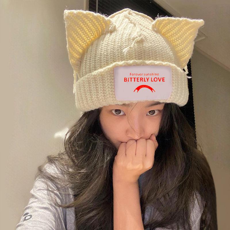 Design Personalized Cat Pig Ears Couple Knitted Wool Hat Cute Warm Autumn and Winter Hats for Men and Women