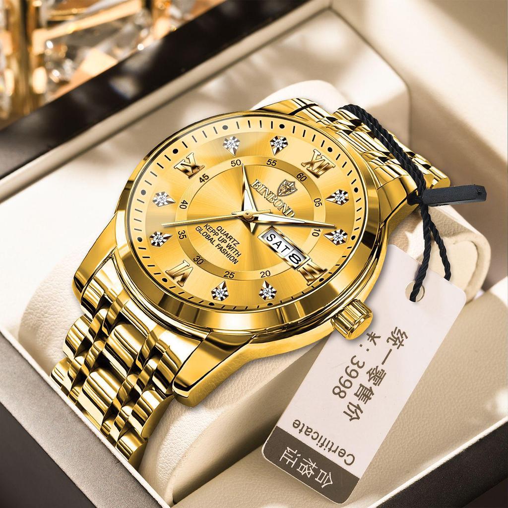 Binbang Men's Waterproof Quartz Watch with Luminous Dial, Rhinestone Accents, Dual Calendar, and Steel Strap.