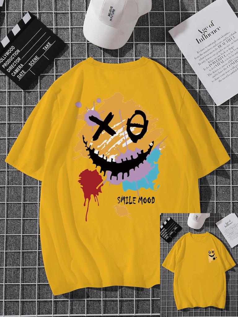 'Smile Mood' Print, Men's Casual Crew Neck Short-Sleeve  Fashion Summer T-Shirts Tops, Men's Outfits Tee,Regular Oversize Tees