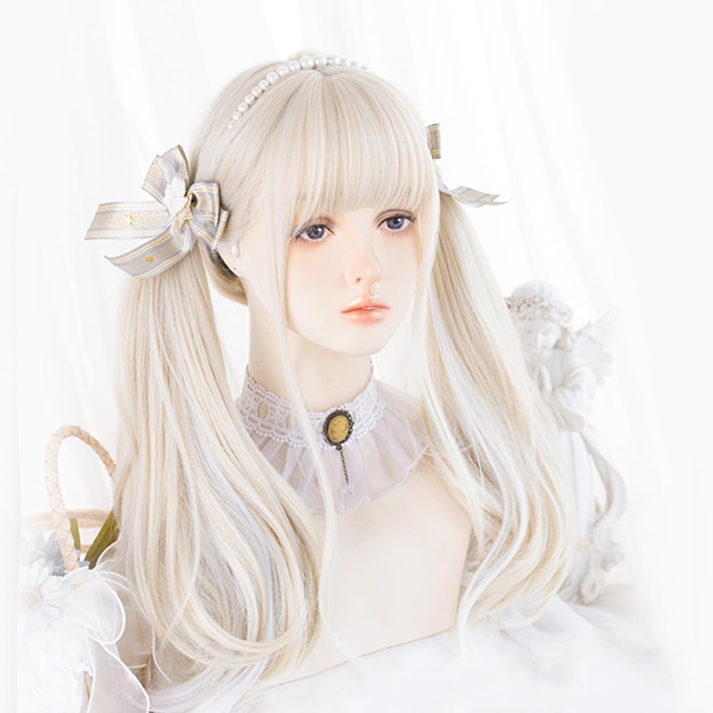 RyuuCos Lolita Langes Lockiges Haar mit Geraden Weißen und mit Weißem und Goldenem Akzent Hitze Perfekt für und Schule und Kulturelle Perücke, Pony, Gold, Farbe,