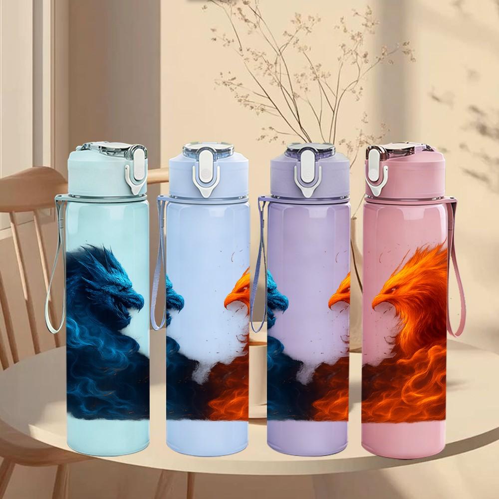 1PC Blue Red Phoenix Feather Art Print 750ml Color Plastic Sports Water Bottle Leakproof Flip Straw Lid Suitable for Sports Office Home Use