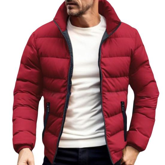 Men Down Coat Stand Collar Long Sleeve Full Zipper Closure Solid Color Jacket Coat with Side Zipper Pockets Outdoor Leisure Quilted Outwear
