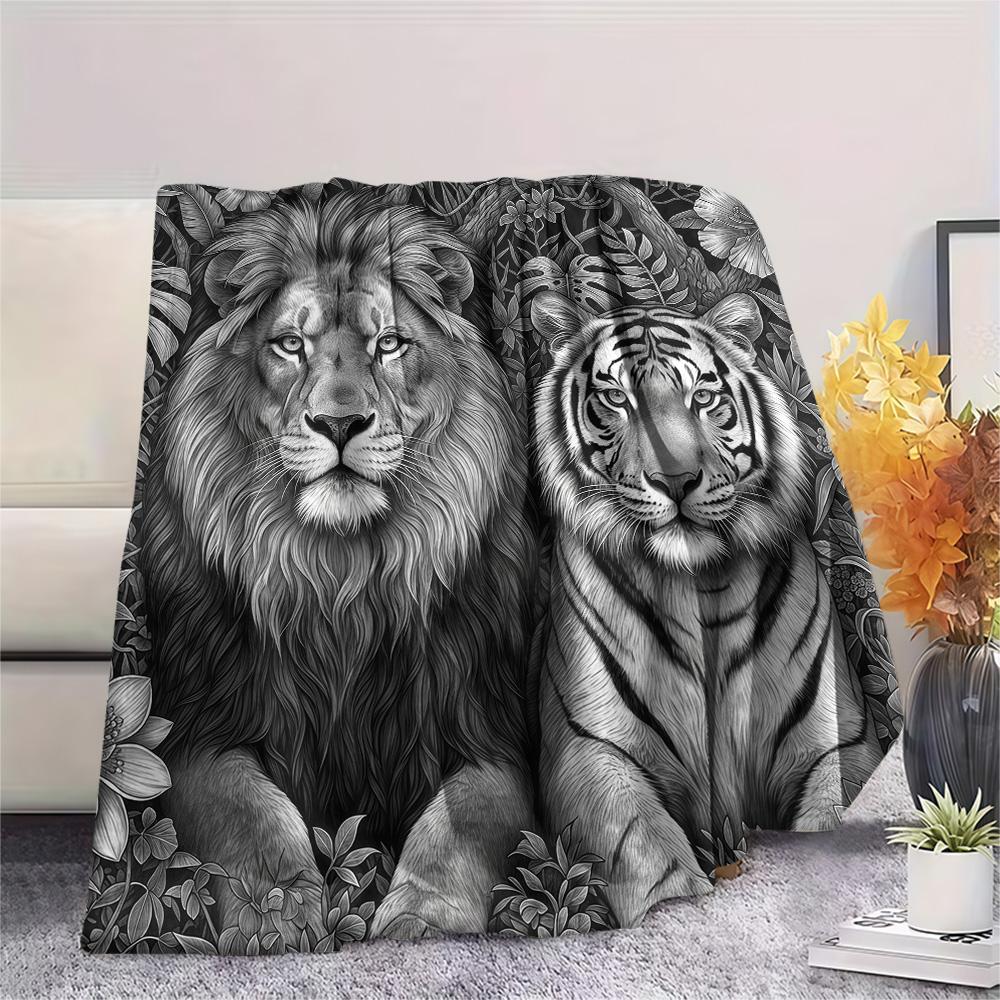 1PC Black white animals Print Flannel Blanket, High quality Comfortable for All Seasons, Home Decor, Warmth and Comfort