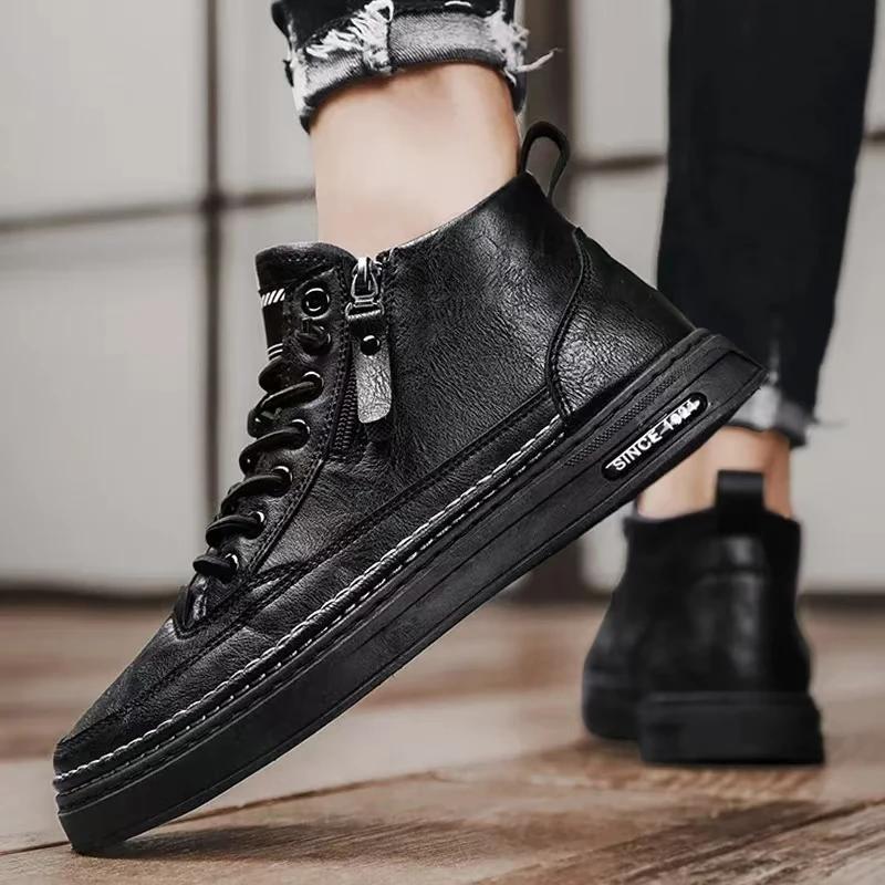 Fashion Mens Boots Winter Fashion High Top Leather Shoes Brown Black Ankle Boots Short Plush Lace-up Cotton Shoes Male Sneakers New