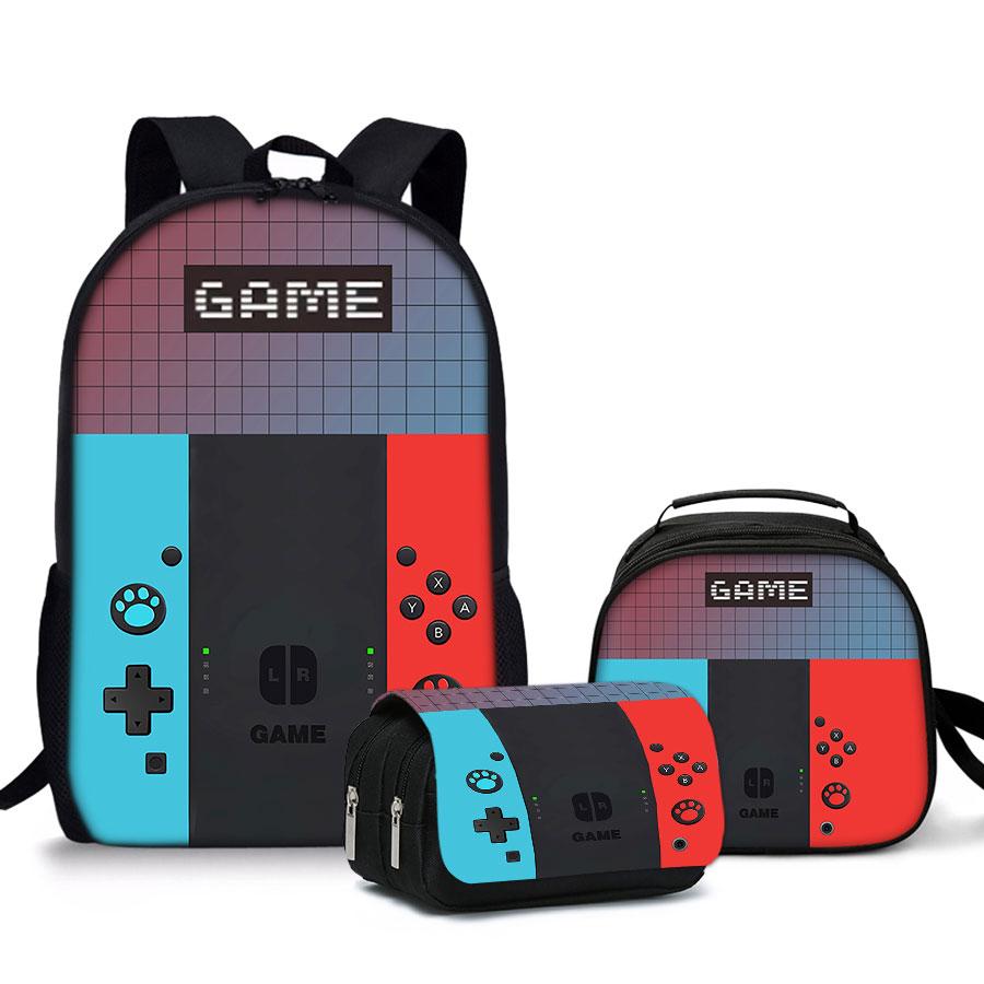 Game Controller Pattern Three Piece Set Rucksacks for Boys Plus Girls Best Gifts 2D Flat Animated School Daily Pack for Children