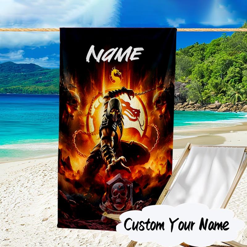 Custom Name Thunderous Warrior's Kombat Microfiber Beach Towel Super Soft & Absorbent for Bath, Beach, Travel Bath Time Accessory, Fan Gifts