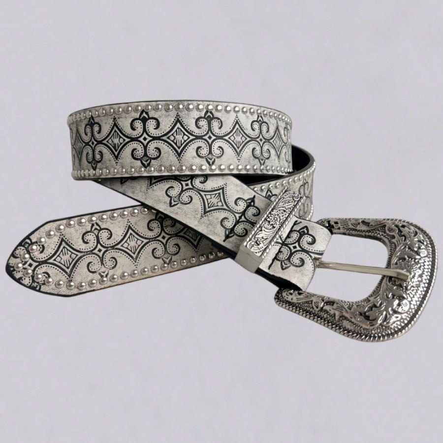 Retro Western Denim Belt with Pattern Rivet Texture Embossed Nail Beads