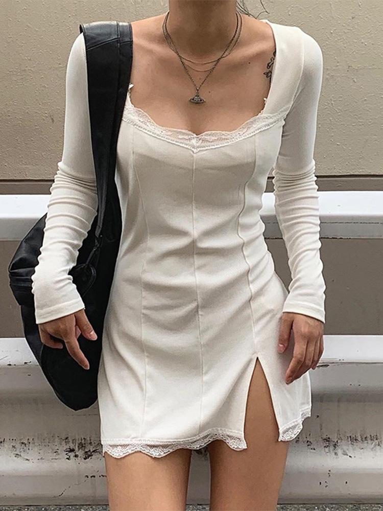 Autumn Spring Women Sexy Lace Patchwork Long Sleeve Split Dress Hip Package Mini Vestido Party Club Low Chest Outfits Cloth