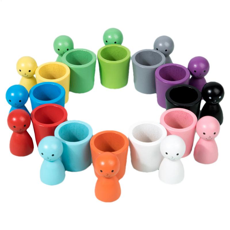 Baby Montessori Color Sorting Toys Color Matching Sensory Game Wooden Peg Dolls in Cups Early Education Learning Toys
