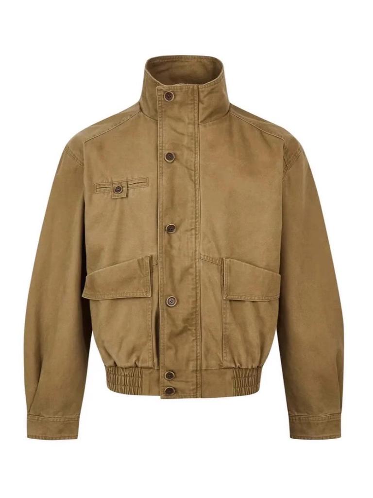 Unisex Retro Distressed Canvas Barn Jacket - Boxy, Stand Collar, Trendy Style