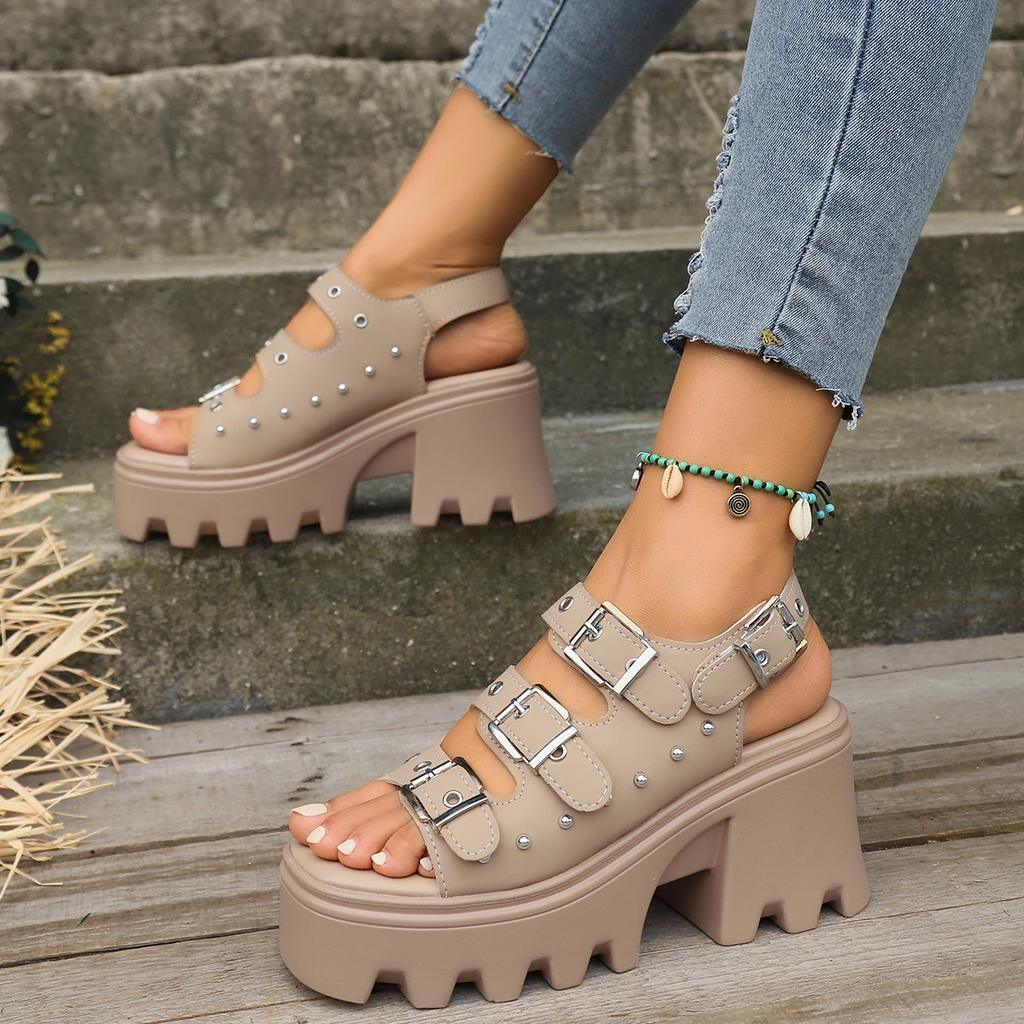 Fashion Large Size Women High Heeled Sandals Summer Punk Height Increasing Sandal Motorcycle Gothic Woman Shoes Khaki Platform Sandals
