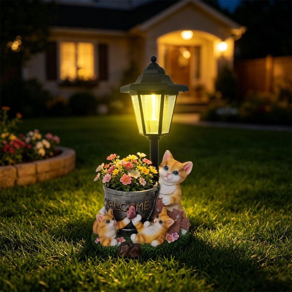 Doppelter Blumentopf Solare Katzenstatue Massives Material Handbemalte Harz-Gartenskulptur Lampe Warmes LED-Licht Wetterfest